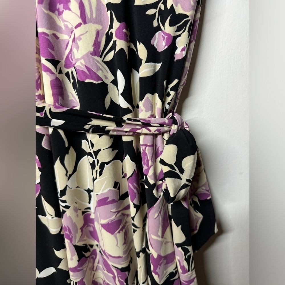Lauren Ralph Lauren Floral Belted Faux Wrap Purple Cream Black Jersey Dress 4 - Picture 8 of 16
